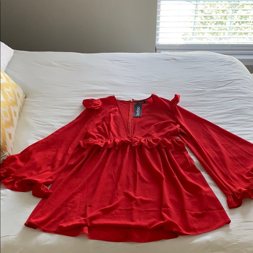 Red plunge frill dress
